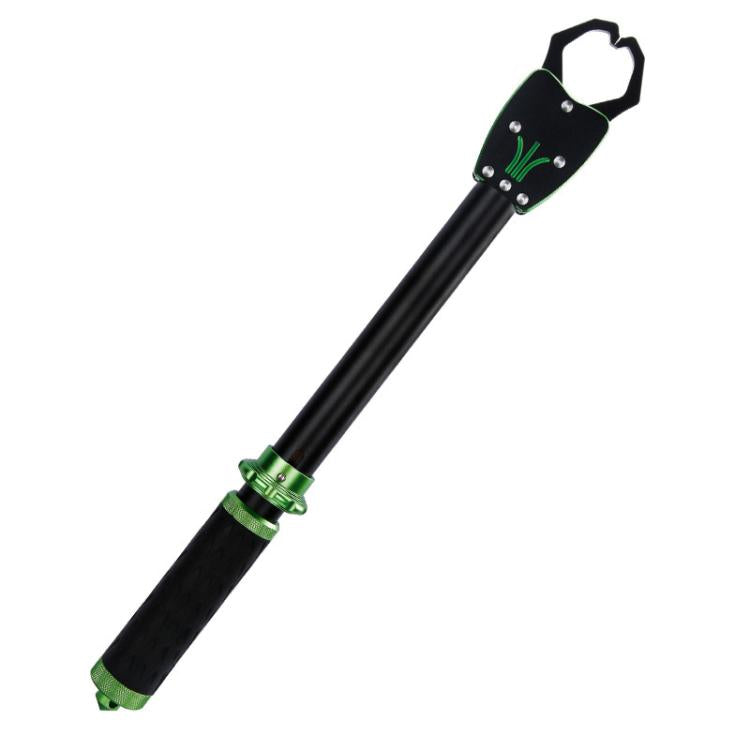 Heavy-duty fish gripper lure pliers with black shaft, green aluminum grip, lifting loop.