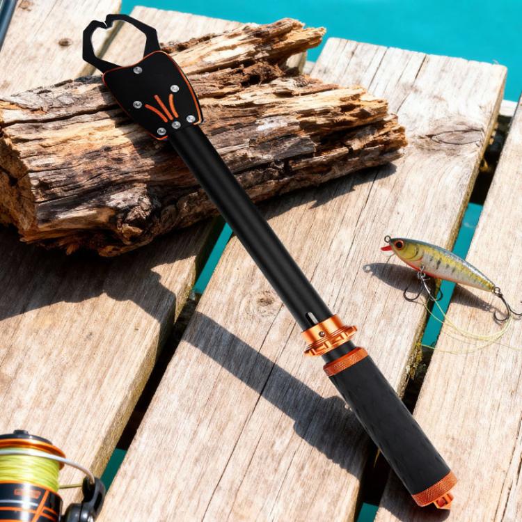 Heavy-duty fish gripper lure pliers with black shaft and orange aluminum coupler, metal jaws.
