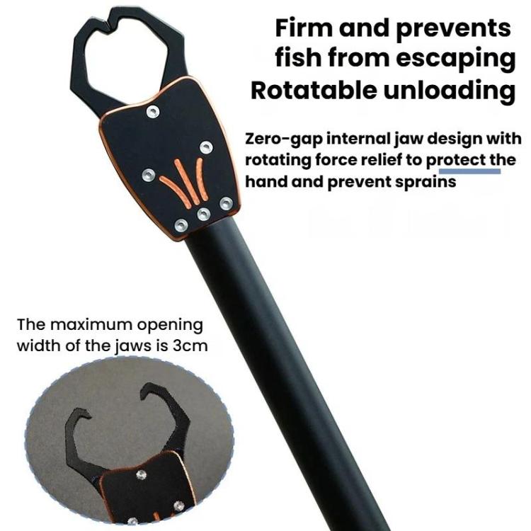 Heavy-duty fish gripper lure pliers with rotating black jaws and orange aluminum accents.