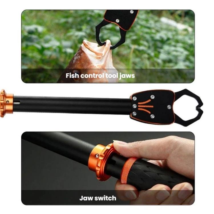 Fish control tool pliers with black jaws and orange aluminum end, held in hand.