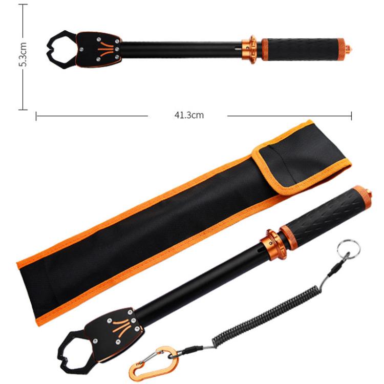 Heavy-duty fish gripper lure pliers with black shaft, orange end caps, and carrying pouch.