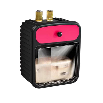 Wall-mounted tissue box shelf in black with pink front drawer and window vent.