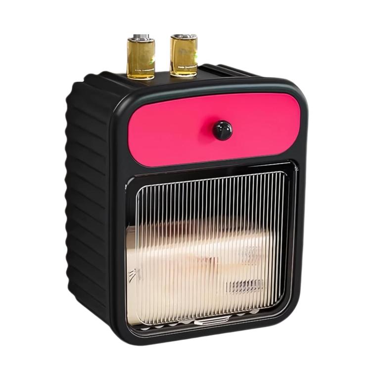 Wall-mounted tissue box shelf in black with pink drawer and front vent window.