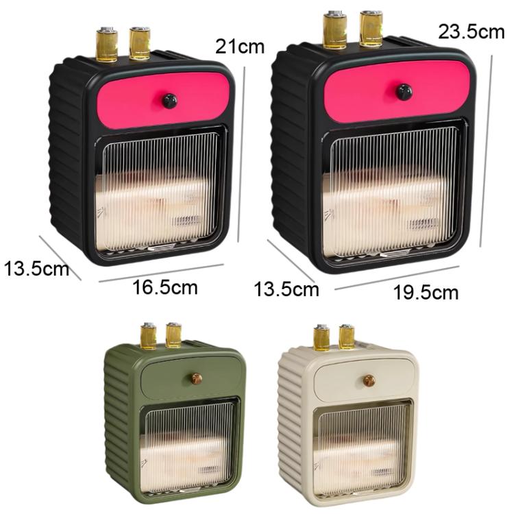 Wall-mounted tissue box shelf size chart showing black, green, and white options.