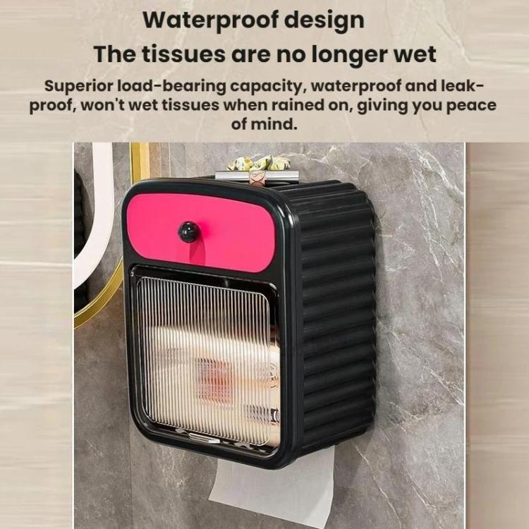Wall-mounted tissue box shelf in black with pink drawer and vented front window.