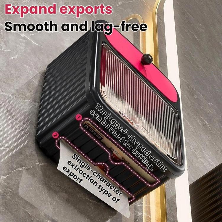 Wall-mounted tissue box shelf, black with pink front panel, ridged cover