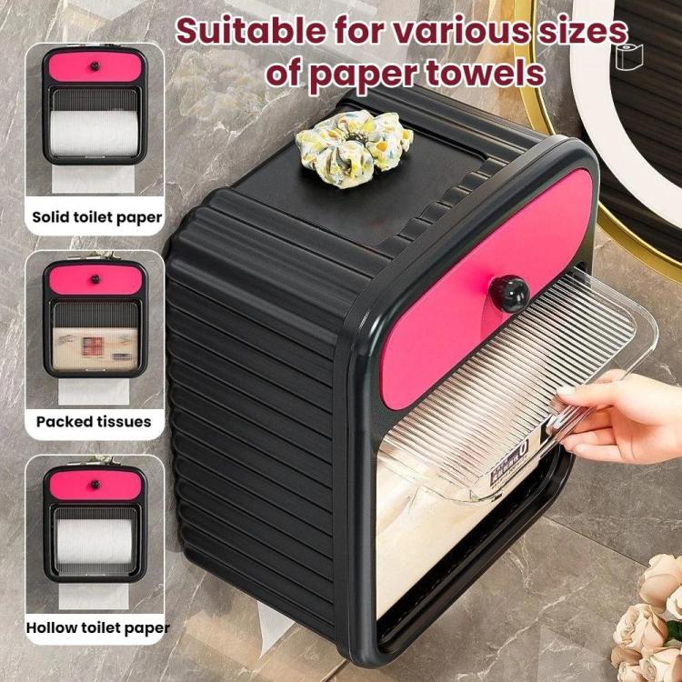 Wall-mounted tissue box shelf, black with pink front, tissues at dispensing slot
