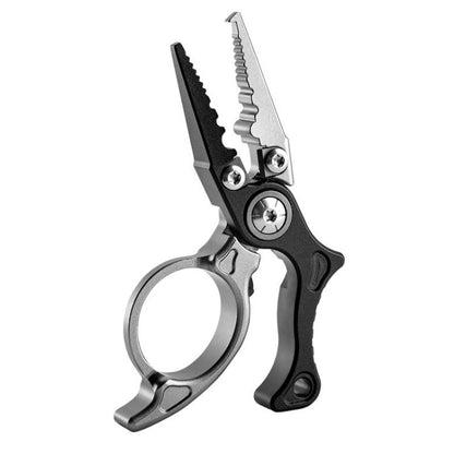 Mini fishing line cutter pliers with open ring, black and silver handles.