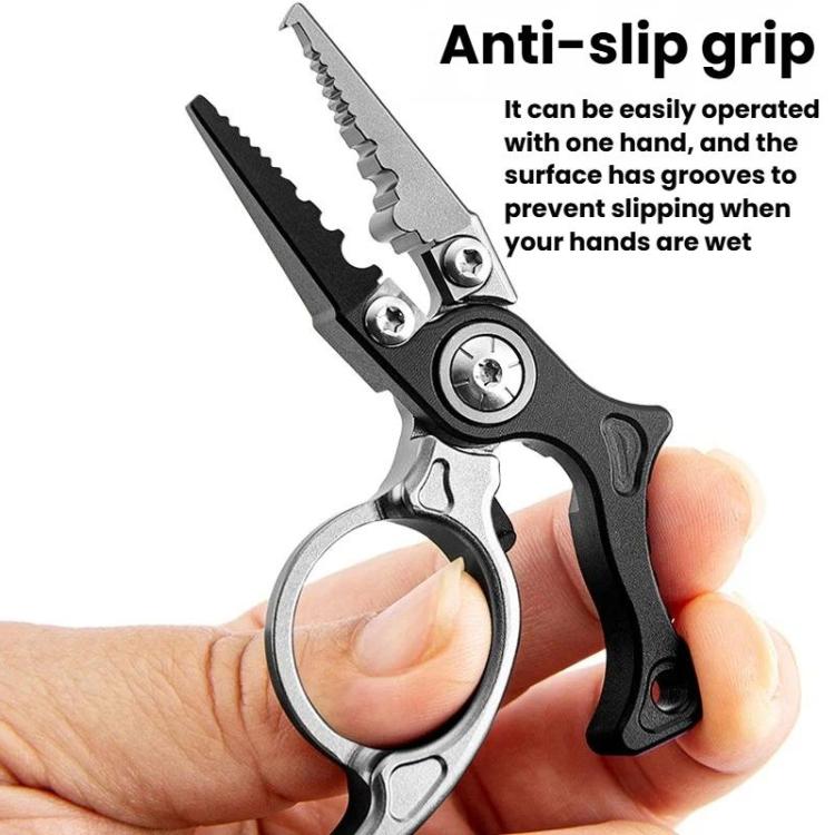 Mini fishing line cutter pliers with anti-slip grip, open ring, black and silver.