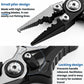 Mini fishing line cutter pliers with locking design and serrated jaws, black and silver.