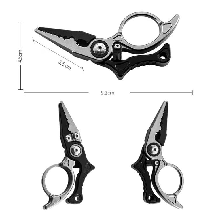 Mini fishing line cutter pliers with open ring, size view, black and silver.