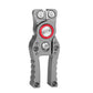 Fishing line cutter with gray handle and red circular cutting blade