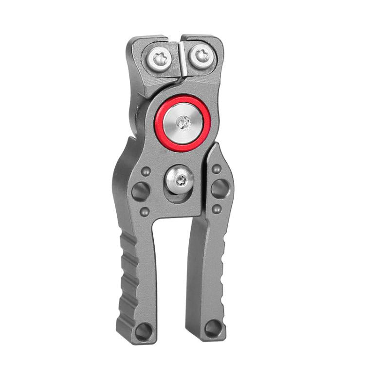 Fishing line cutter with gray handle and red circular cutting blade