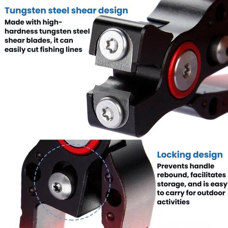 Fishing line cutter close-up, black handle with red ring and metal blade bolts