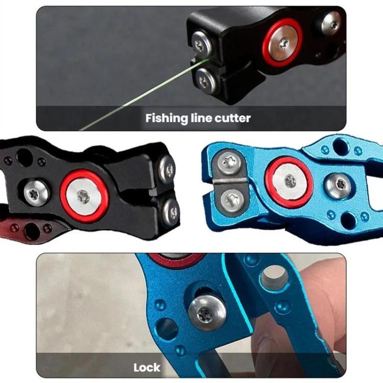 Fishing line cutters in black and blue with red-ring blades and locking mechanism