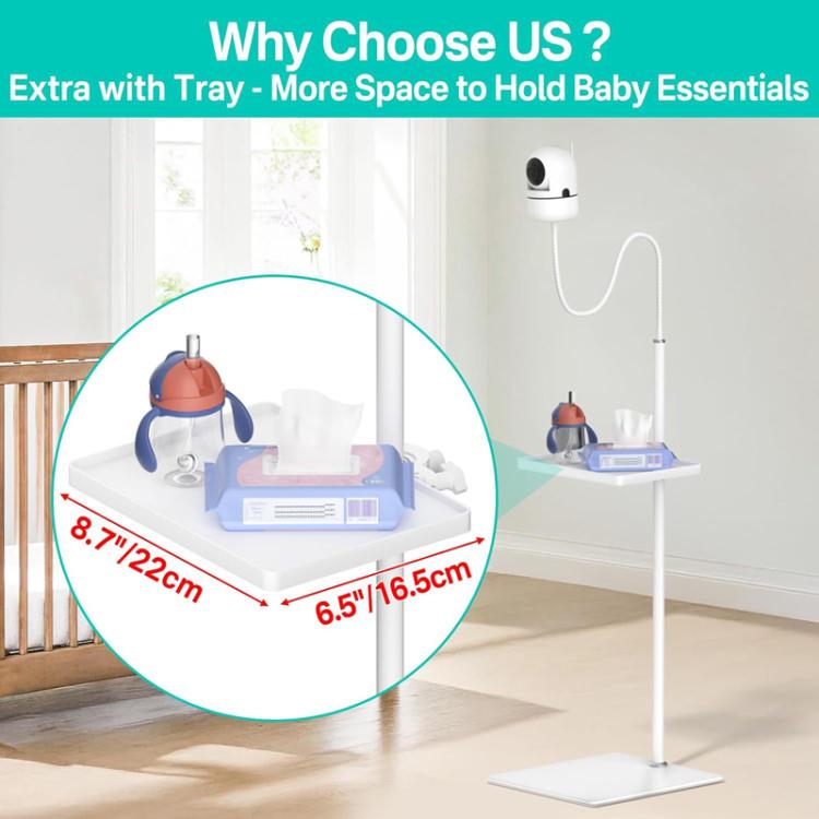 White baby monitor floor stand with top storage tray for baby essentials