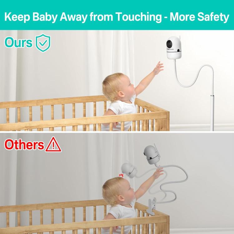Adjustable baby monitor stand with camera mount, used beside a crib, white