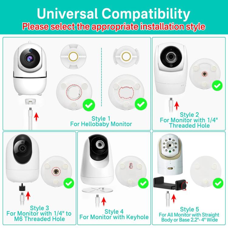 Universal baby monitor stand illustrating compatible camera mounting styles, white