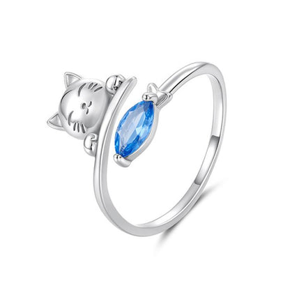 Copper-plated White Gold Cat Eating Fish Cute Open Ring, YIR307-E
