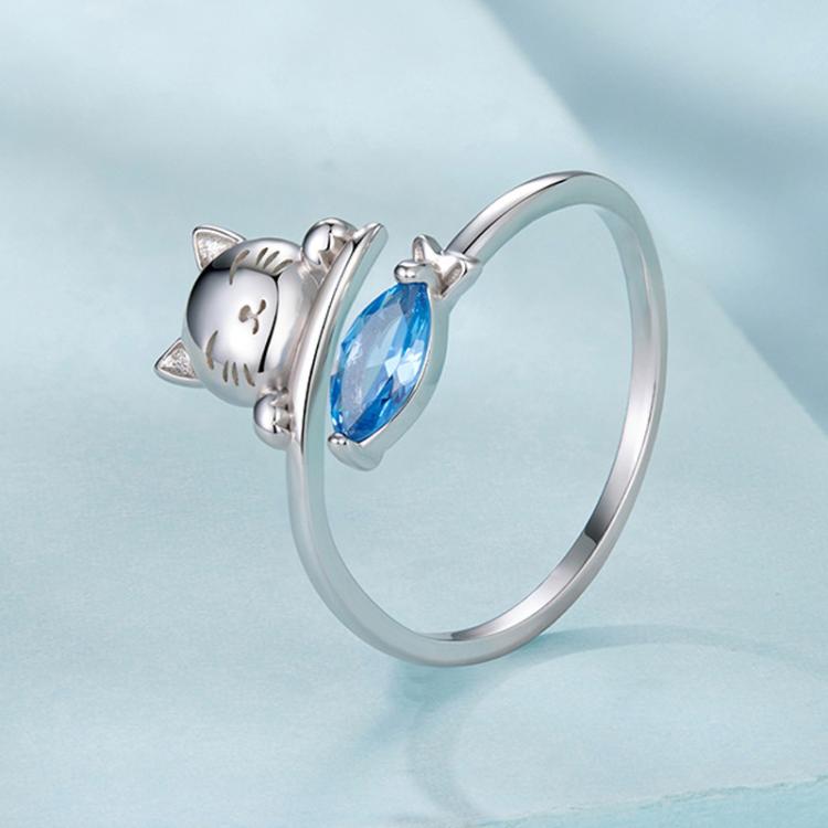 Copper-plated White Gold Cat Eating Fish Cute Open Ring, YIR307-E