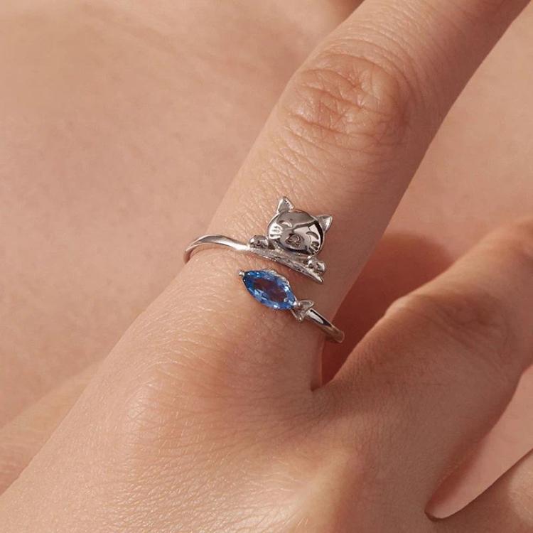 Copper-plated White Gold Cat Eating Fish Cute Open Ring, YIR307-E