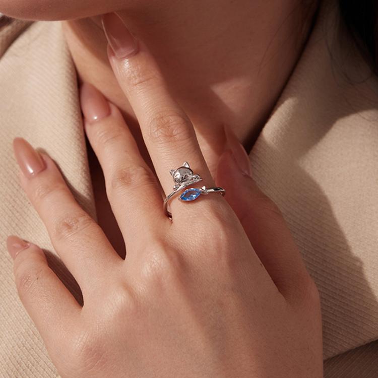 Copper-plated White Gold Cat Eating Fish Cute Open Ring, YIR307-E