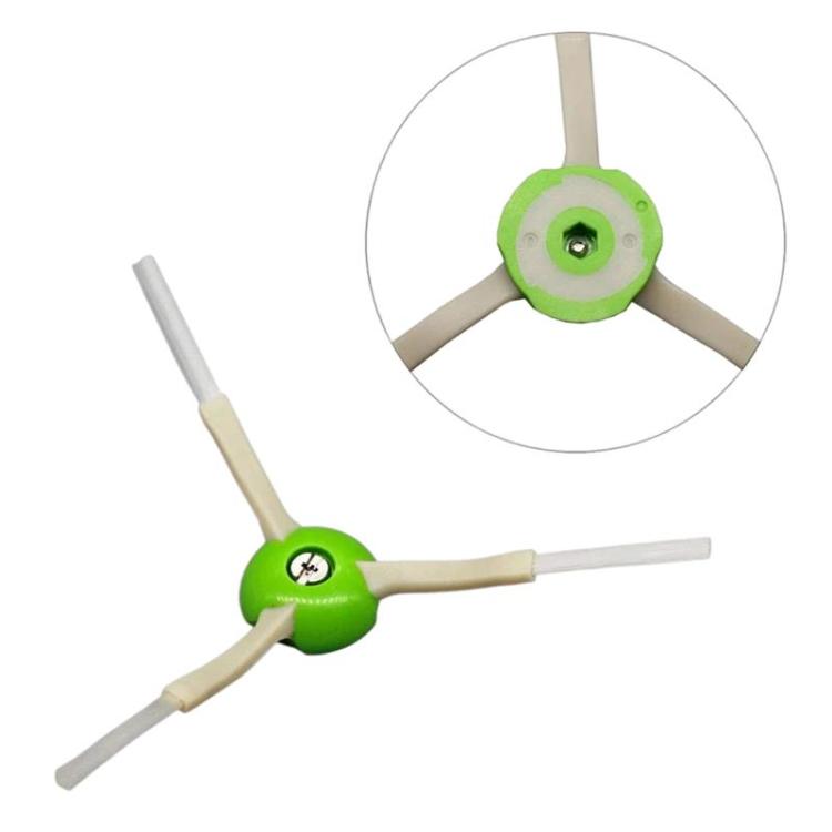 Robot vacuum side brush with green center and three beige bristles