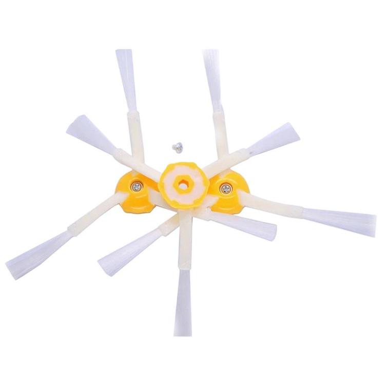 Robot vacuum side brush assembly with yellow hub and white plastic blades
