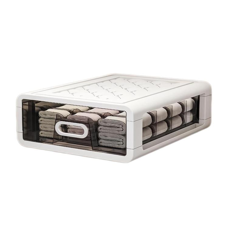 Drawer-style sock organizer with clear drawer fronts and folded sock compartments