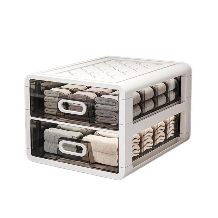 Drawer-style sock organizer box with clear front windows and folded socks display