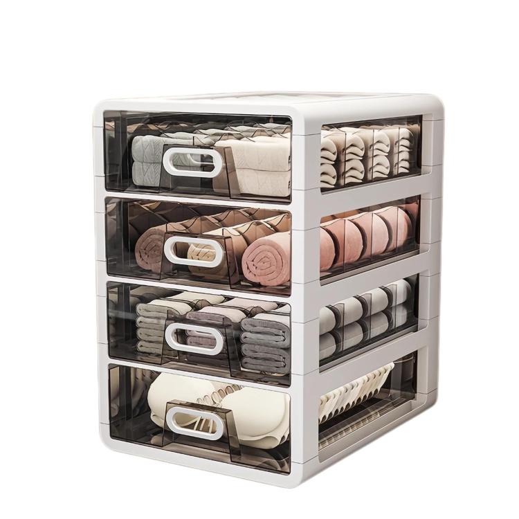 Multi-tier sock organizer box with clear drawers and handle fronts