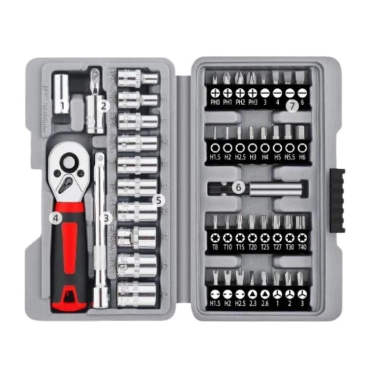 1/4 inch socket wrench tool set kit, open case showing sockets, bits, and ratchet handle