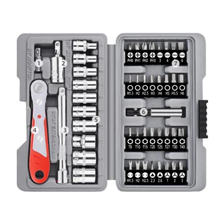 1/4 inch socket wrench tool set with screwdriver bits, open gray case and red-handled tools