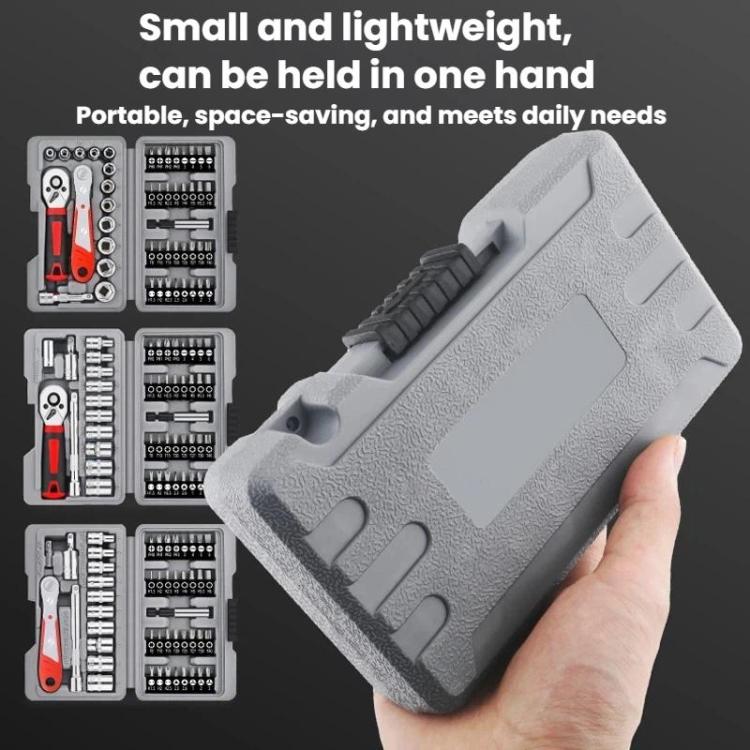 Portable 1/4 inch socket wrench tool set case held in hand, gray with textured grip