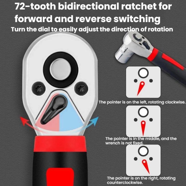 1/4 inch ratchet wrench head with dial and red handle, showing forward and reverse control
