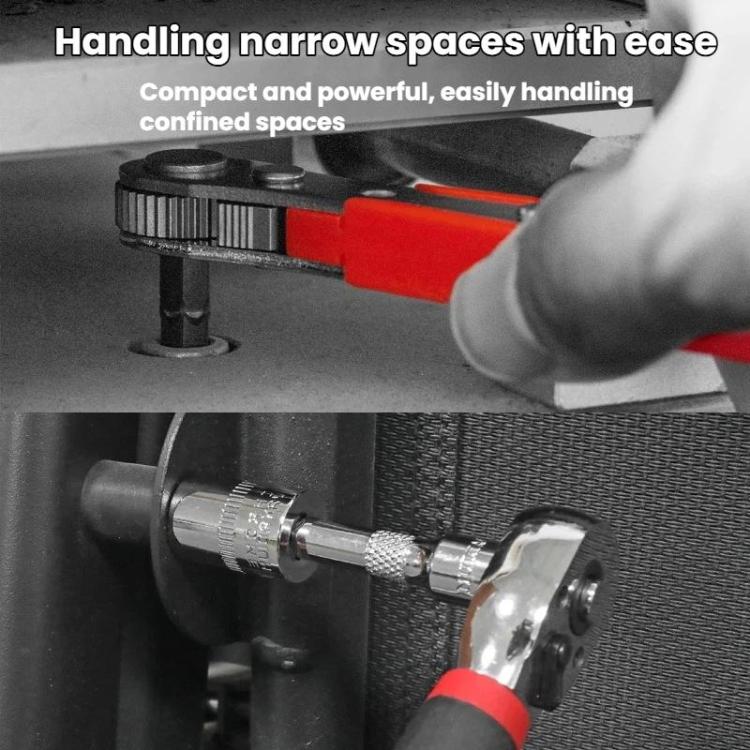 1/4 inch socket wrench used in tight space, close-up on ratchet head and extension