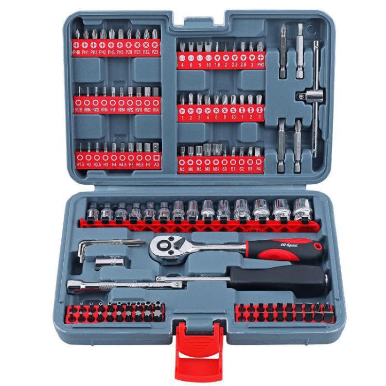 Auto repair tool set case with red-and-black bit and socket compartments
