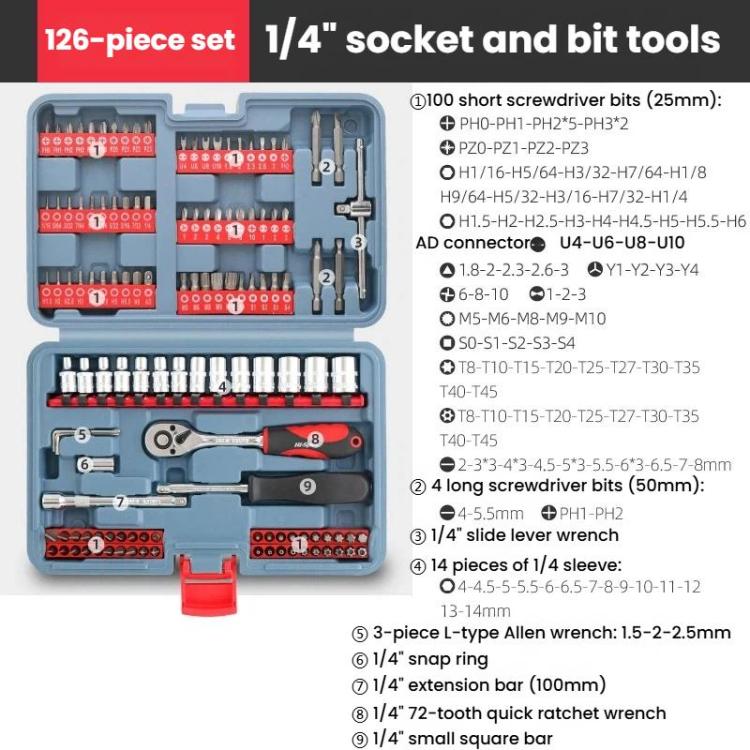 Open tool kit with 1/4 in sockets, bits, ratchet wrench, and driver