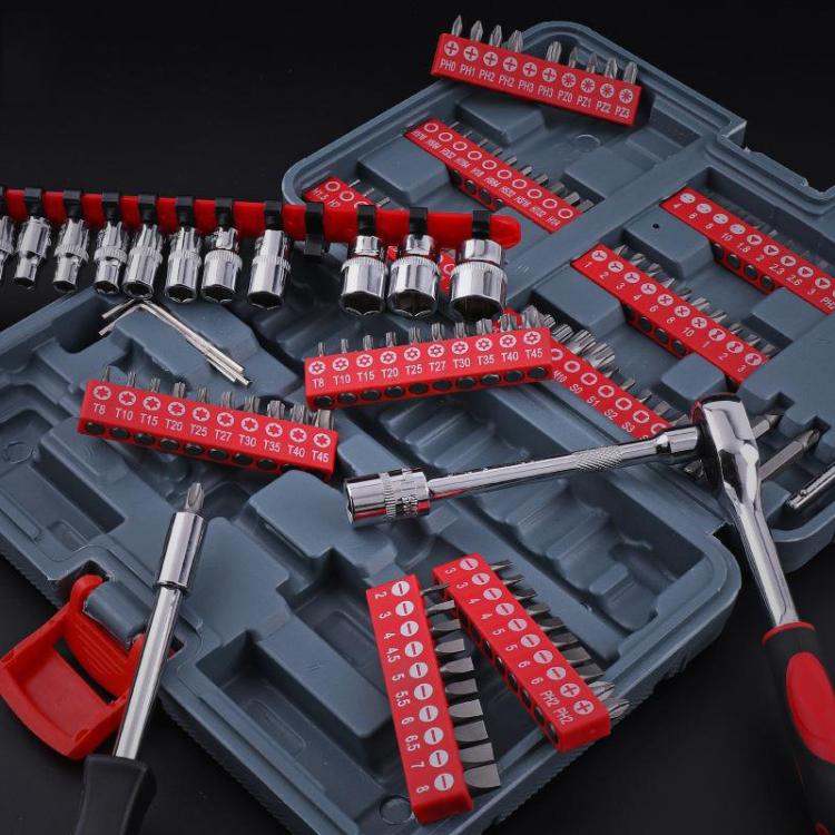 Auto tool set with chrome ratchet wrench, screwdrivers, and socket bits in tray