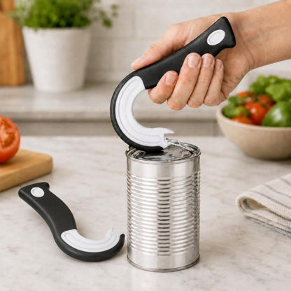 Multifunction can and bottle opener, black handle with white curved opener jaws