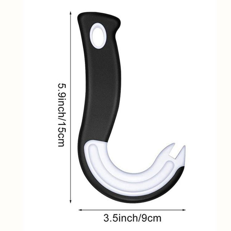 Multifunction can and bottle opener, black U-shaped tool with white cutting wheel