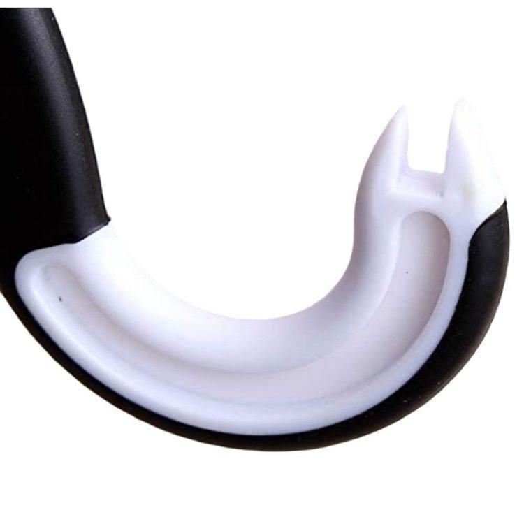Curved white opener jaw with black handle tip for gripping can rims