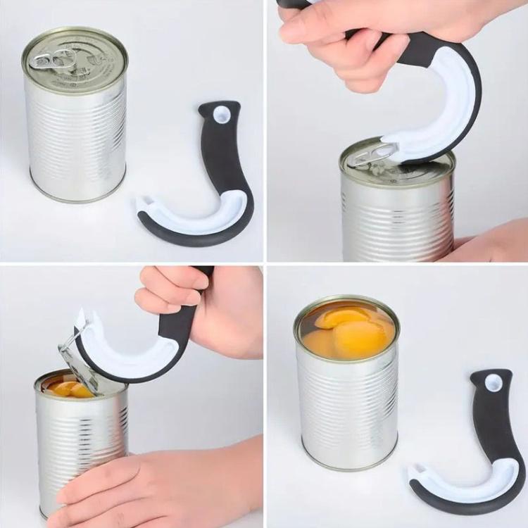 Multifunction can and bottle opener showing use on a can, black and white tool