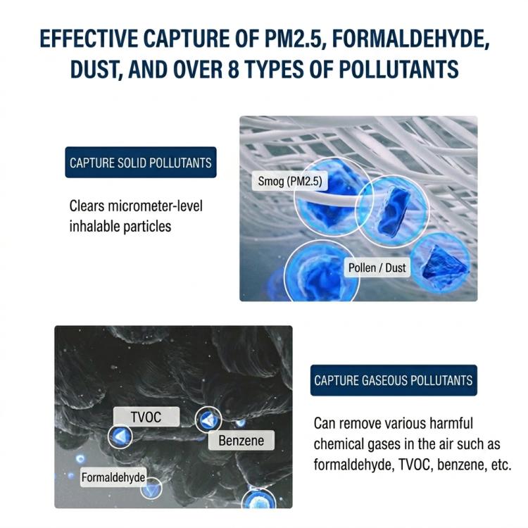 PM2.5 and formaldehyde capture infographic with dust and gas pollutant panels