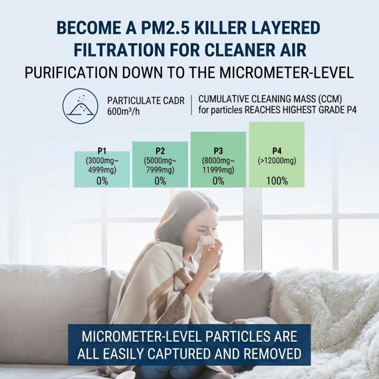 Micrometer-level particle filtration infographic for cleaner air with chart