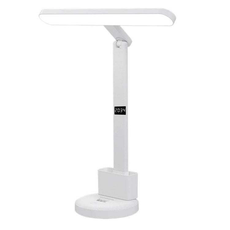White LED desk lamp with slim light bar and digital time display