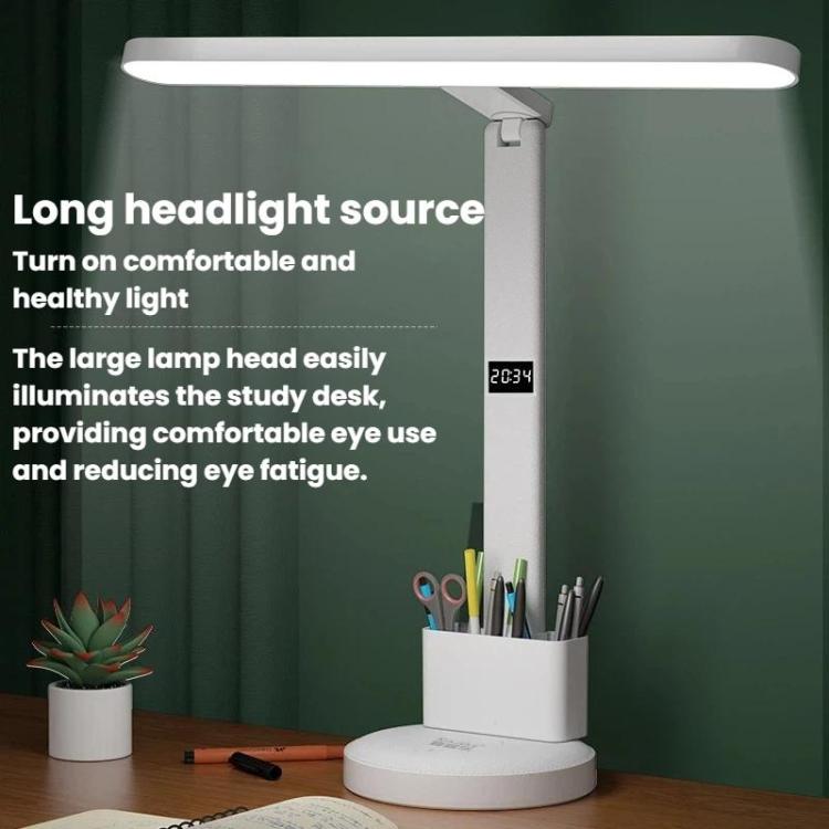 White LED desk lamp with wide light head and digital time display