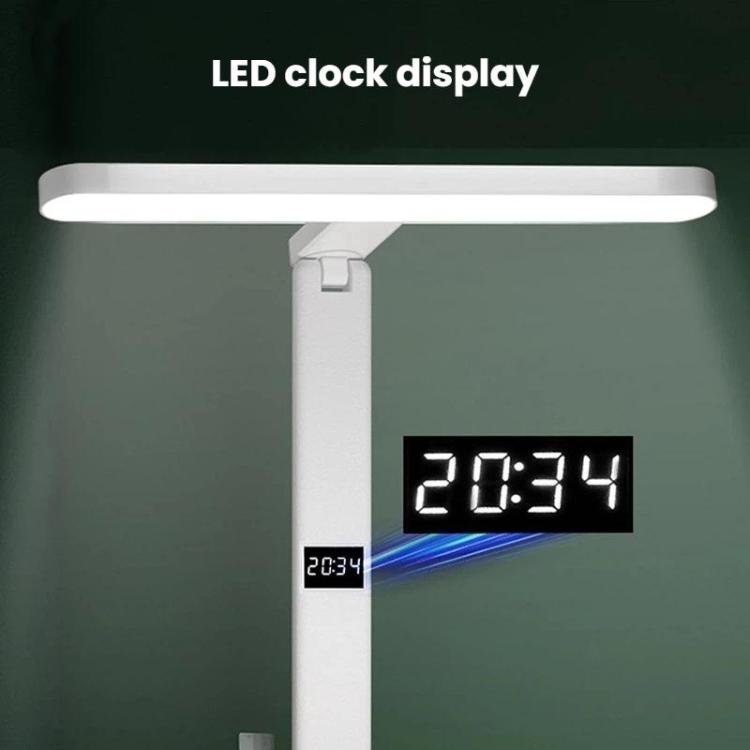 White LED desk lamp with built-in LED clock display and adjustable arm