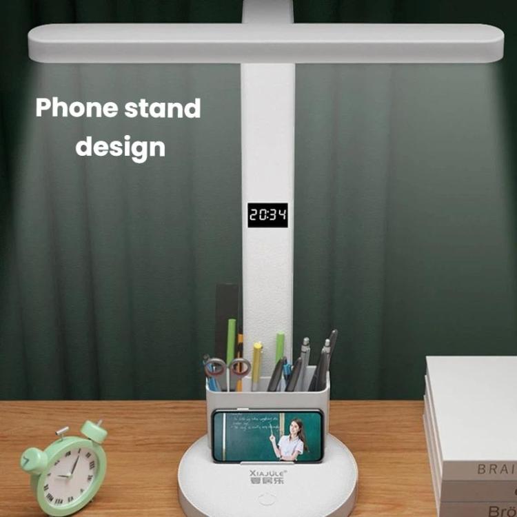 White LED desk lamp with phone stand and digital time display