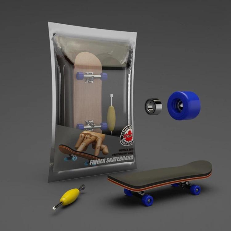 Finger skateboard toy with dark blue wheels and wooden deck, shown in retail box
